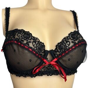 Jezebel sexy Black Lace Bra with Red Accents 38B